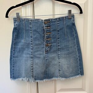 Altar’d State Cotton Blend Front Button Up Jean Shirt with Distressed Bottom